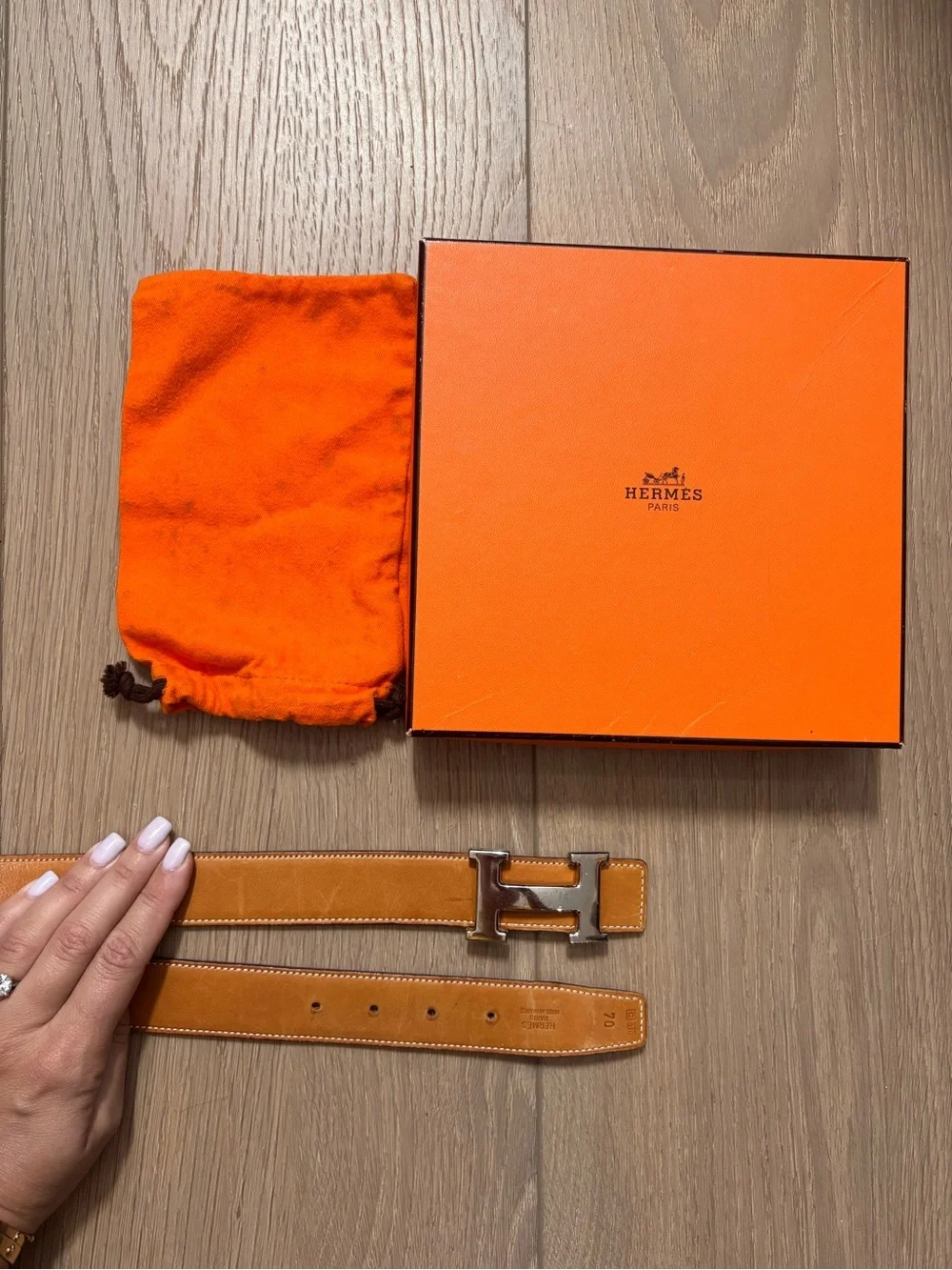 Authentic HERMES brown leather H silver Constance buckle belt 70cm